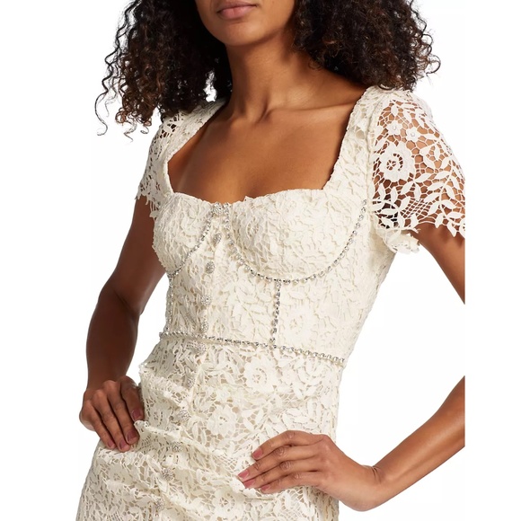 NWT $585 Self-Portrait Cream Rose Lace & Crystal Midi-Dress in cream! - Picture 8 of 11